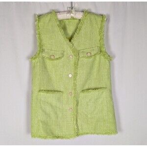 Women's Vest M Green Tweed Boucle Button Down Fringe Trim Pockets Long
